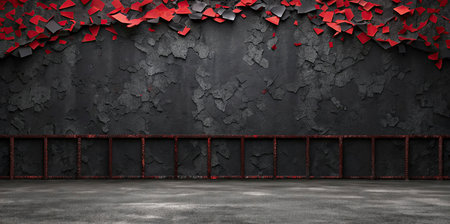 3d rendering of an empty room with red and black broken wallの写真素材