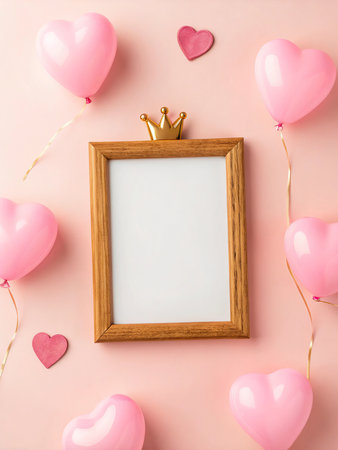 Valentine's day background with blank photo frame and heart shaped balloons on pink backgroundの写真素材