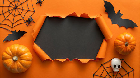 Halloween background with pumpkins, spiders and bats. Space for textの写真素材