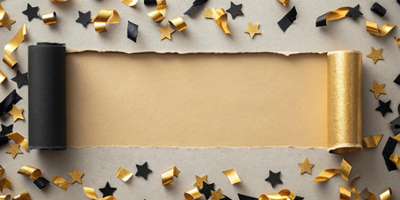 Paper scroll with gold confetti and stars on grey background, top viewの写真素材