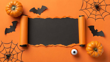 Halloween background with pumpkins, spiders and bats on orange paperの写真素材
