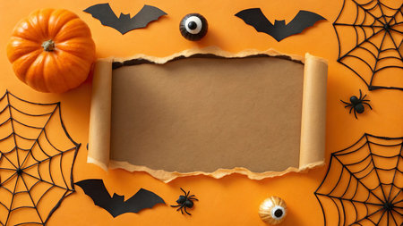 Halloween background with paper, spiders and bats. Space for textの写真素材