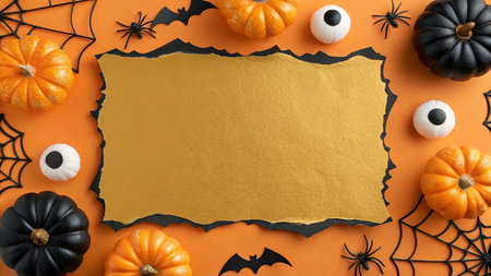 Halloween background with pumpkins, spiders and paper sheet on orange