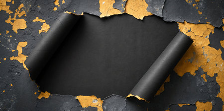 Black and yellow torn paper on cracked wall. Template for your designの写真素材
