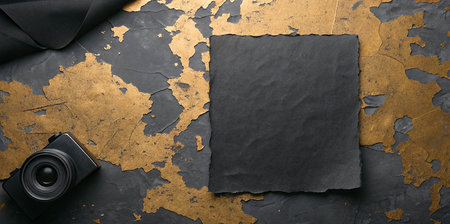 Black camera and a black sheet of paper on a golden background.の写真素材