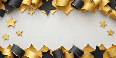 Black and gold paper confetti on white background with copy space.の写真素材
