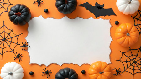 Halloween background with pumpkins, spiders and paper sheet on orangeの写真素材