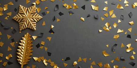 Christmas and New Year festive background with golden snowflakes and confetti on black backgroundの写真素材