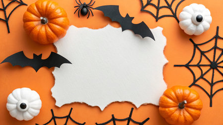 Halloween background with pumpkins, spiders and white paper on orangeの写真素材