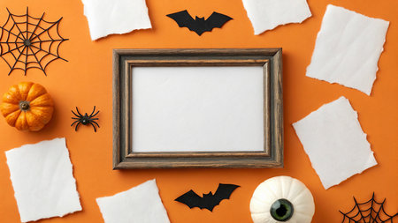 Halloween mockup with blank photo frame, pumpkins, spiders and bats on orange backgroundの写真素材