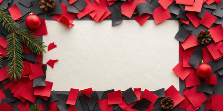 Christmas and New Year background with blank paper sheet, red and black christmas decorations and fir tree branchesの写真素材