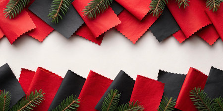 Christmas background with red and black paper sheets, spruce branches and pine cones