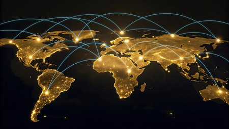 Global network connection on the world map. 3D rendering and illustration.の写真素材