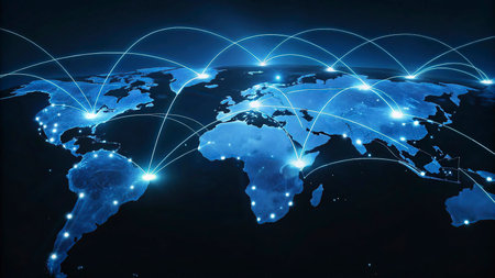 World map on a technological background glowing lines symbols of the Internet, radio, television,...