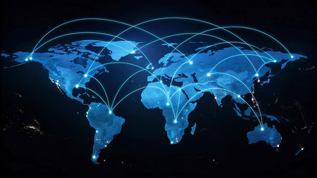 Global network connection on world map. Globalization concept. 3D renderingの写真素材