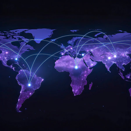 World map and glowing lines representing global network connections. Elements of this image furnished by NASAの写真素材
