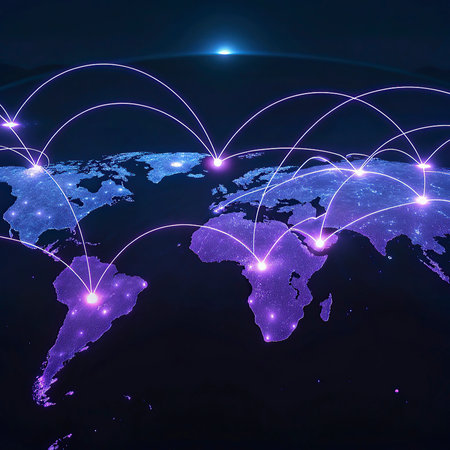 World map and connection lines on dark blue background. Internet concept. 3D Rendering