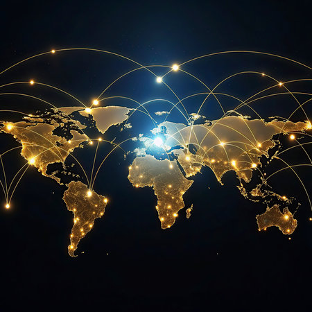 World map with glowing lines and dots. Global network connection. Vector illustration.の写真素材