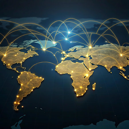World map on a technological background, glowing lines symbols of Internet, radio, television,...