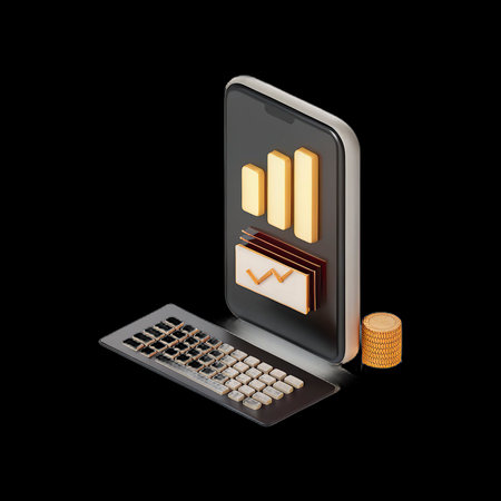 Smartphone with credit card and calculator on black background. 3d illustration