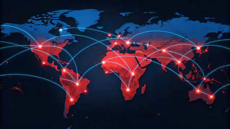 World map on a technological background, glowing lines symbols of the Internet, radio and television.の写真素材