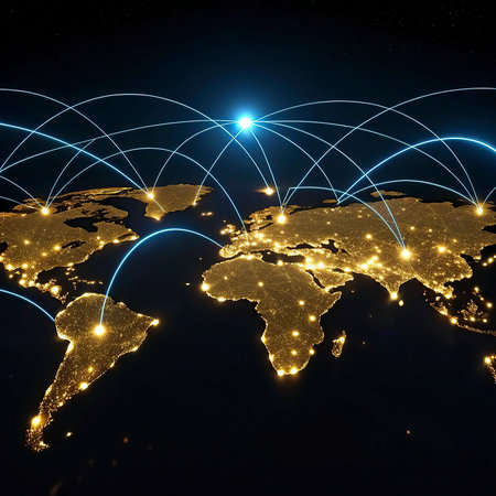 World map with glowing lines representing international communication, technology and travel.