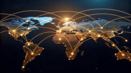 Global network connection over world map. Globalization concept. 3D renderingの写真素材