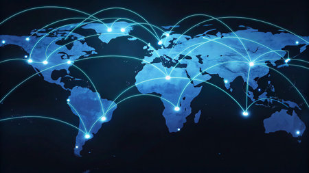 World map with glowing lines on dark background. Globalization concept. 3D Rendering