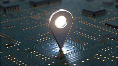 Close-up of a printed circuit board with a geolocation pin