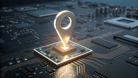 Close-up view of circuit board with pin icon 3D rendering