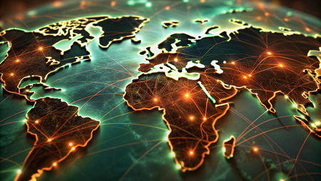 World map on a technological background, glowing lines symbols of the Internet, radio, television, mobile and satellite communications.の写真素材