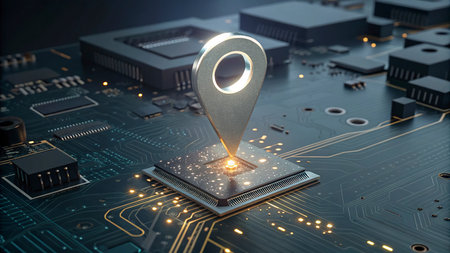 3D rendering of a circuit board with a geolocation pinの写真素材