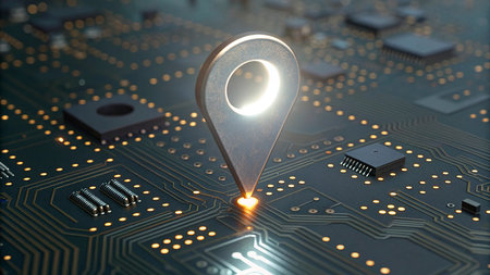 Close-up of a circuit board with a geolocation pin