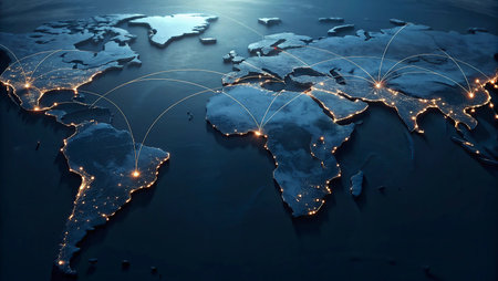 World map glowing on dark background. Global network concept. 3D rendering