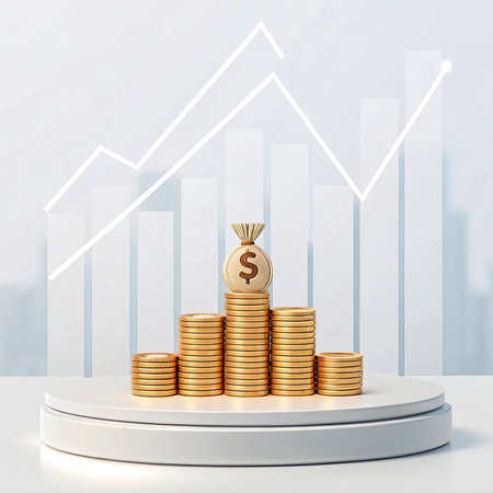 pile of gold coins on white podium with financial graph, 3d render