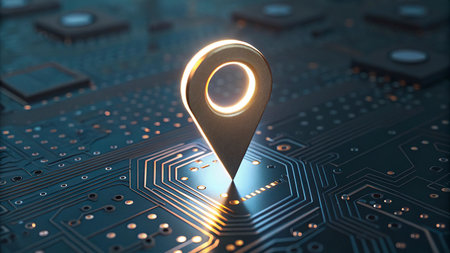 Close-up view of a circuit board with a map pin 3D rendering
