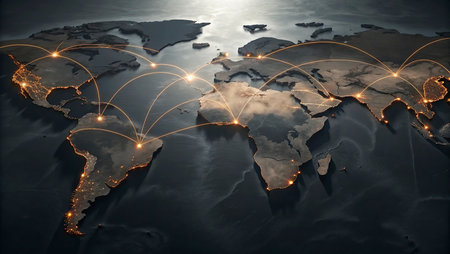 World map glowing with social network connections on dark background. 3D illustration.