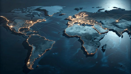 World map glowing on dark background. Network and communication concept. 3D Renderingの写真素材