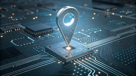 Close up view of a circuit board with a map pin 3d rendering