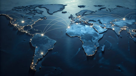 World map glowing on dark blue background. Global network concept. 3D Rendering