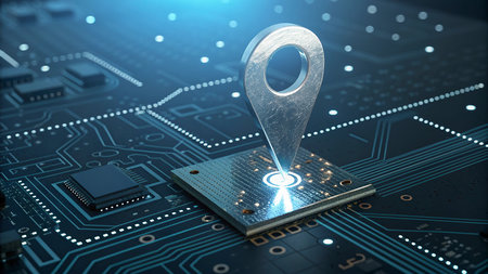 Circuit board with a chip and a map pin 3D renderingの写真素材