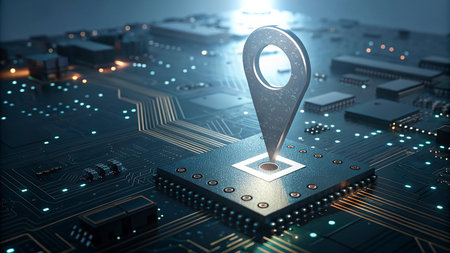3d render of computer chip with map pin on circuit board background