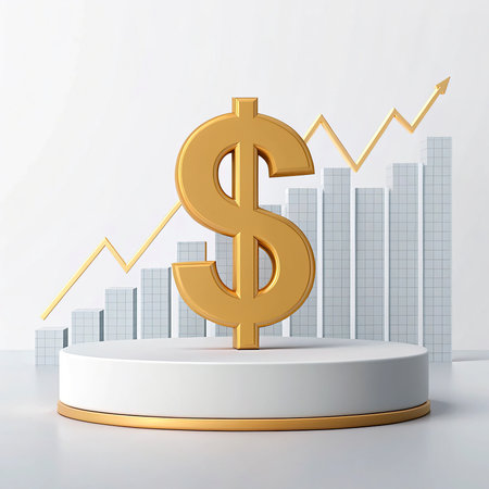 Golden dollar symbol on white podium with graph. 3D rendering.の写真素材