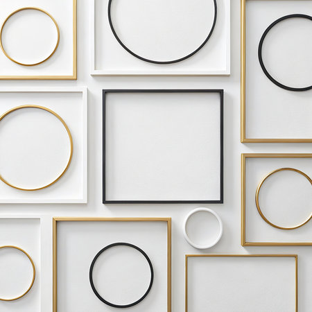 3d render, abstract geometric composition, white and gold frames on a white backgroundの写真素材