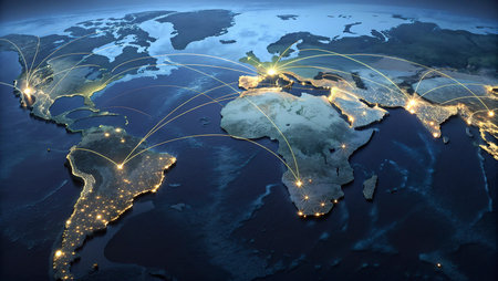 World map with glowing lines representing communication and travel. 3D illustration.