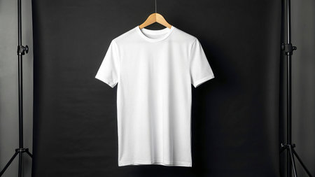 White t-shirt mockup hanging on wooden hanger on black background