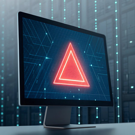 3d rendering of a computer with a red warning sign on the screen