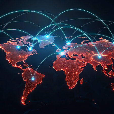 World map on a technological background, glowing lines symbols of the Internet, radio, television,...