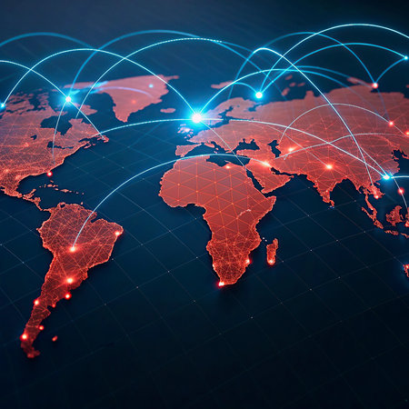 World map on a technological background, glowing lines symbols of the Internet, radio, television,...