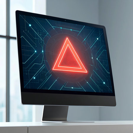 Computer monitor with abstract glowing red triangle on blurry background. 3D Rendering